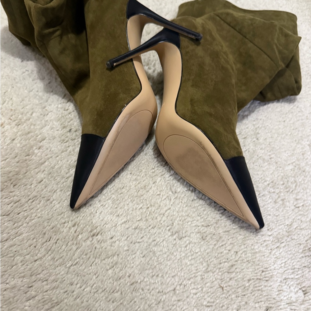 Elegant Olive Suede Stiletto Boots - knee high - Picture 3 of 11